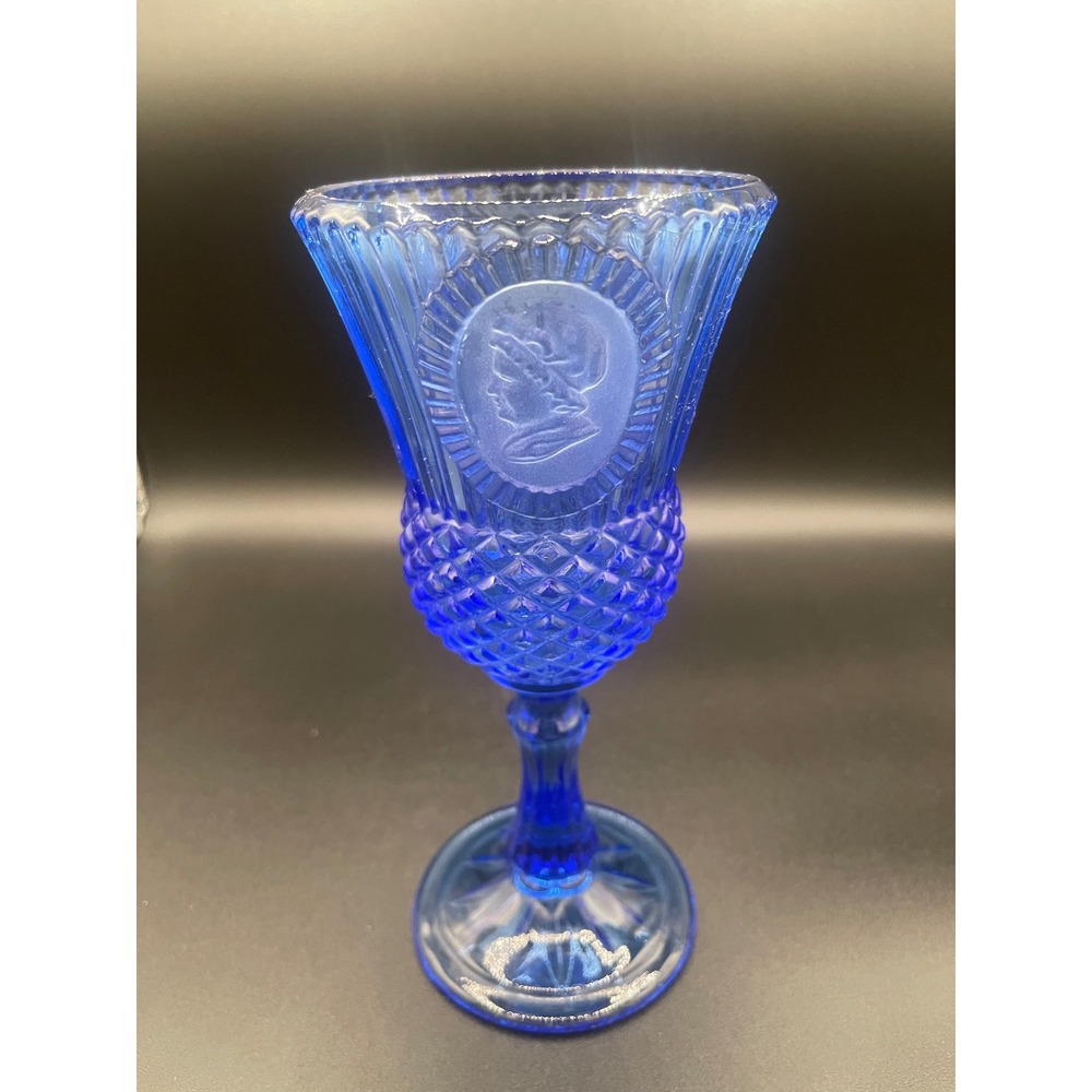 Vintage Avon Martha Washington Cobalt Blue Glass Goblet Frosted Cameo Medallion